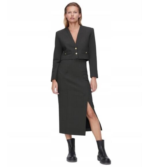 NWT ZARA Crop Blazer with Gold Buttons XS Dark Gray - Picture 2 of 12